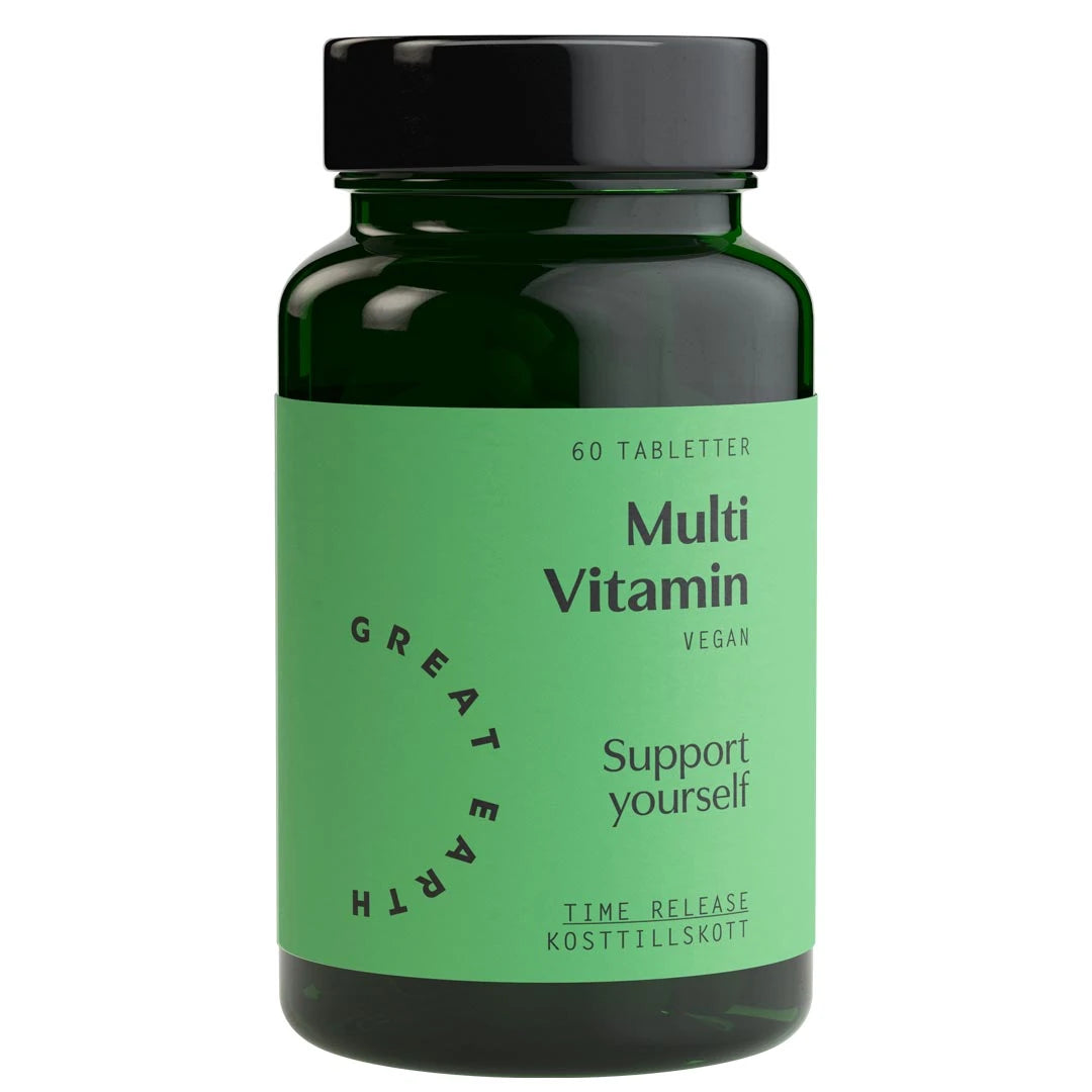 Great Earth Multi Vitamin 60 tabs i en mörkgrön burk med svart lock och ljusgrön etikett., bild 1 av 1
