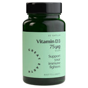 Great Earth Vitamin D3 75 μg 60 caps tummanvihreässä purkissa, jossa on musta kansi ja vaaleanvihreä etiketti.