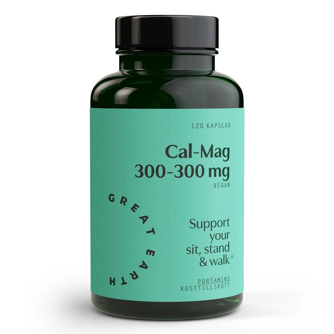 Great Earth Cal-Mag 300-300 mg 120 caps -ravintolisä tummanvihreässä purkissa, jossa on musta kansi ja turkoosi etiketti., kuva 1/1