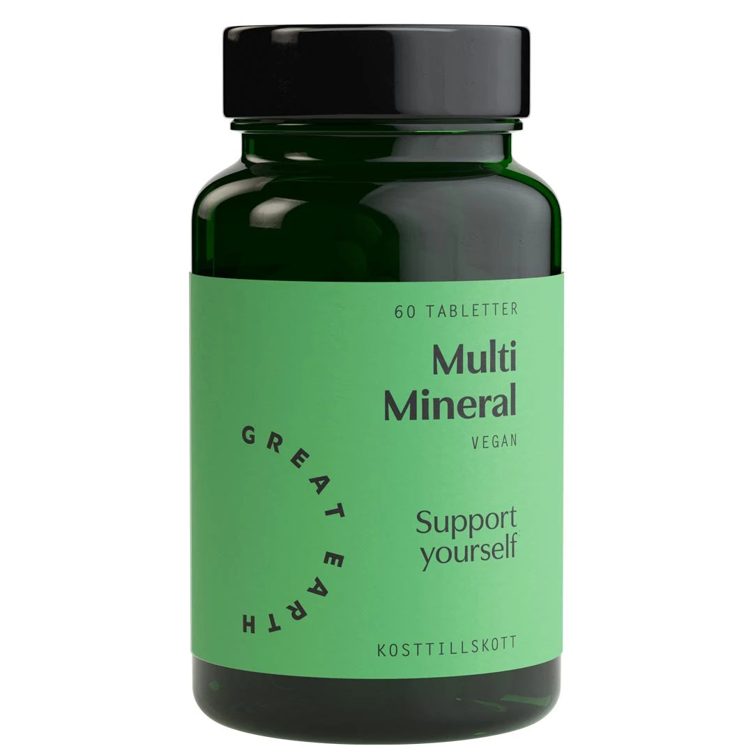 Great Earth Multi Mineral 60 tabs -vegaaninen ravintolisä tummanvihreässä purkissa vaaleanvihreällä etiketillä., kuva 1/1