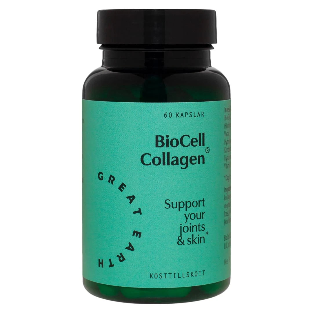Great Earth BioCell Collagen 60 caps -ravintolisä tummassa purkissa vihreällä etiketillä., kuva 1/1
