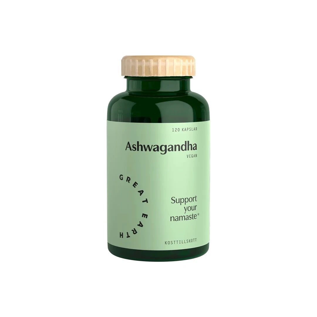 Great Earth Ashwagandha 120 caps tummanvihreässä purkissa, jossa on vaaleanvihreä etiketti ja vaalea puunvärinen kansi., kuva 1/1