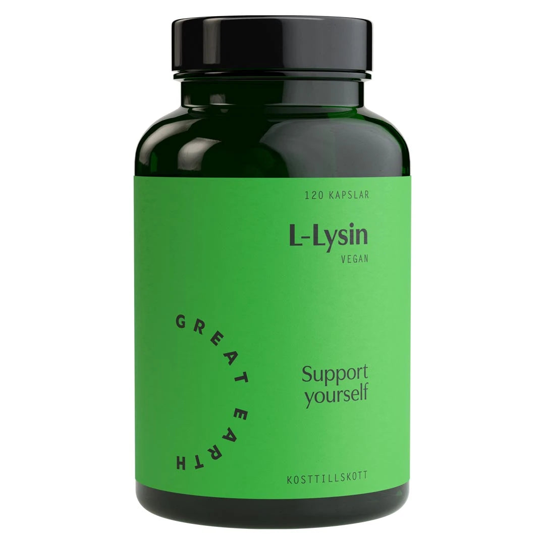 Great Earth L-Lysin 120 caps, vegaaninen ravintolisä tummanvihreässä purkissa vaaleanvihreällä etiketillä., kuva 1/1