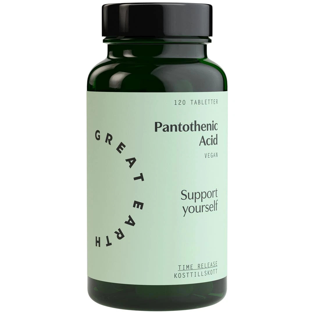 Great Earth Pantothenic Acid 120 tabs tummanvihreässä purkissa, jossa on vaaleanvihreä etiketti ja musta teksti., kuva 1/1