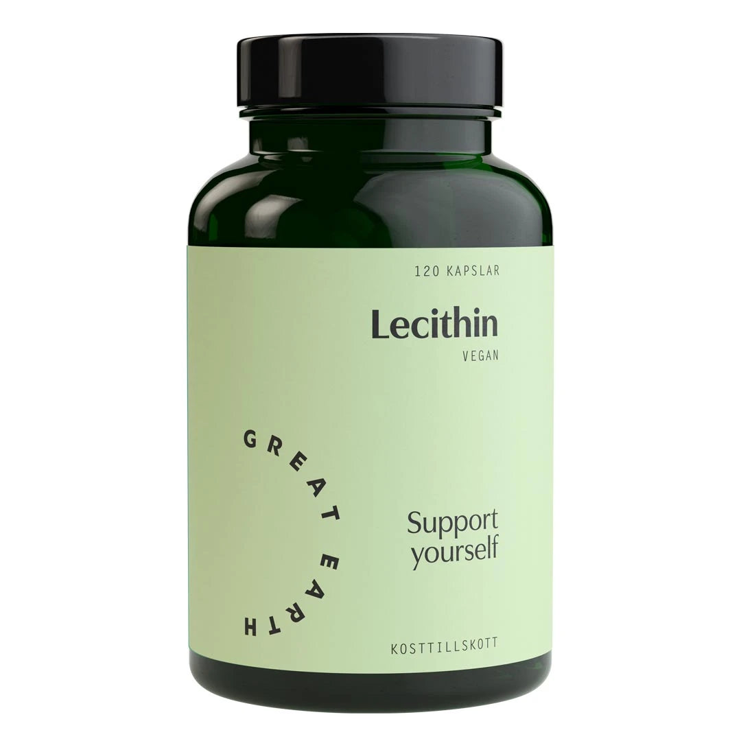 Great Earth Lecithin 120 caps -vegaaninen ravintolisä tummanvihreässä purkissa, jossa on vaaleanvihreä etiketti., kuva 1/1