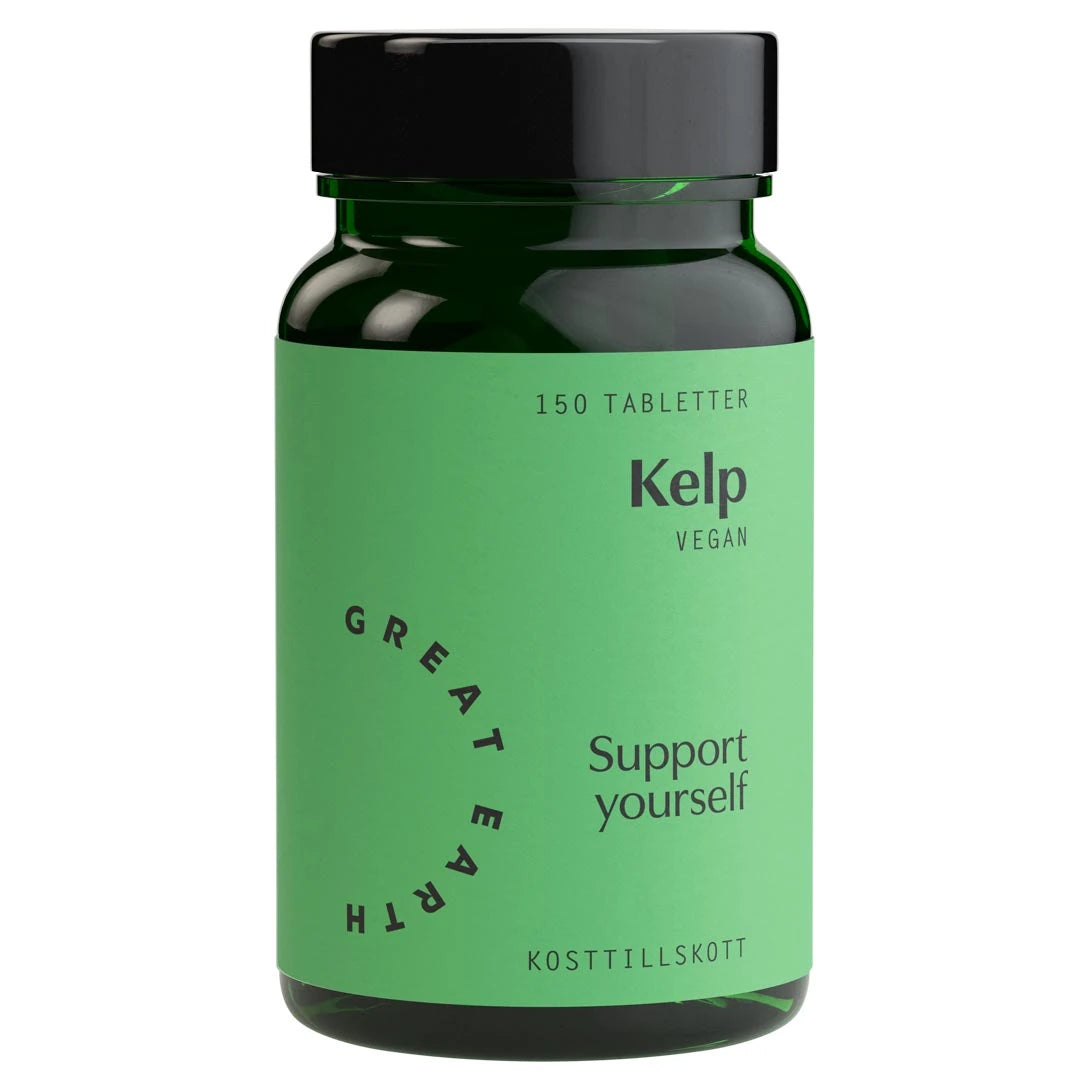 Vegaaninen Great Earth Kelp 150 tabs -ravintolisä tummanvihreässä purkissa, jossa on vaaleanvihreä etiketti., kuva 1/1