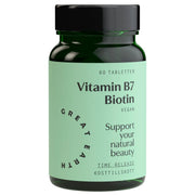 Great Earth Vitamin B7 - Biotin 60 tabs kosttillskott i en mörkgrön burk med ljusgrön etikett och svart lock.