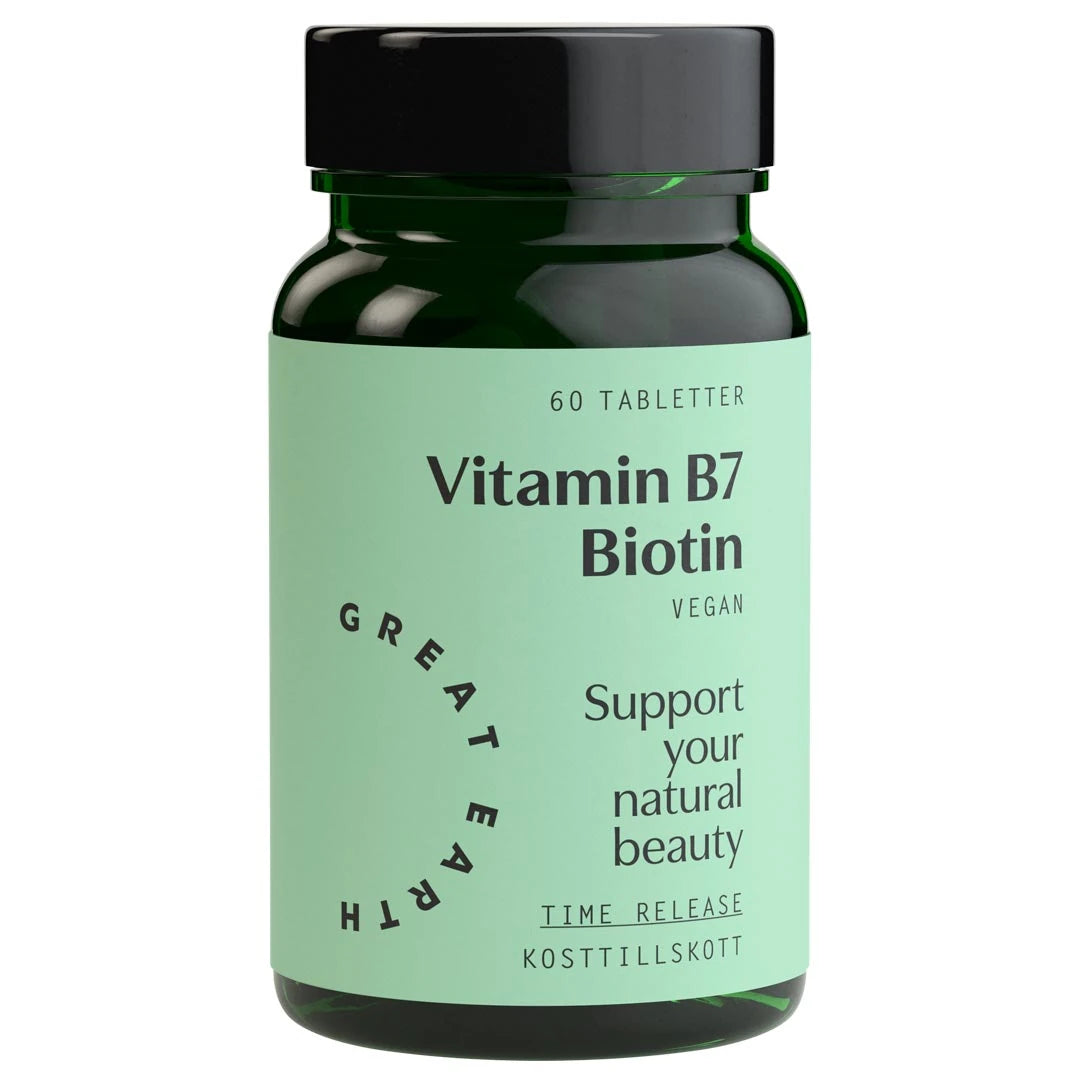 Great Earth Vitamin B7 - Biotin 60 tabs tummanvihreässä purkissa, jossa on vaaleanvihreä etiketti ja musta kansi., kuva 1/1