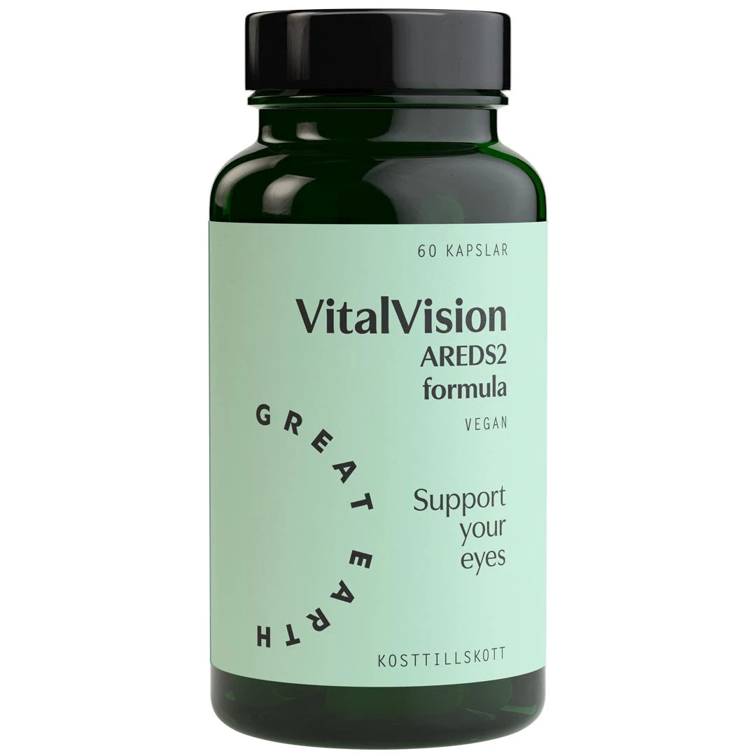 Great Earth VitalVision 60 caps tummanvihreässä purkissa, jossa on musta kansi ja vaaleanvihreä etiketti., kuva 1/1