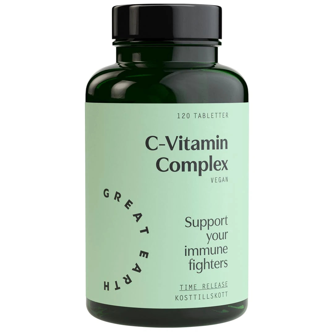 Great Earth C-Vitamin Complex 120 tabs tummanvihreässä muovipurkissa, jossa on vaaleanvihreä etiketti ja musta kansi., kuva 1/1