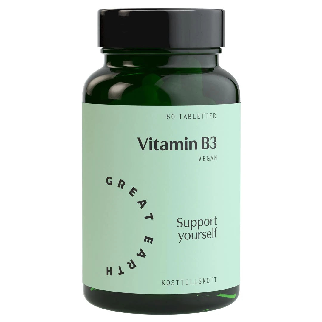 Great Earth Vitamin B3 60 tabs tummanvihreässä purkissa, jossa on vaaleanvihreä etiketti ja musta kansi., kuva 1/1