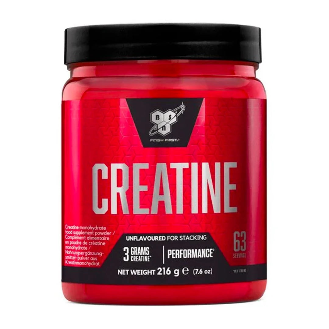 BSN DNA Creatine 216 g -kreatiinijauhe punaisessa purkissa mustalla kannella., kuva 1/1