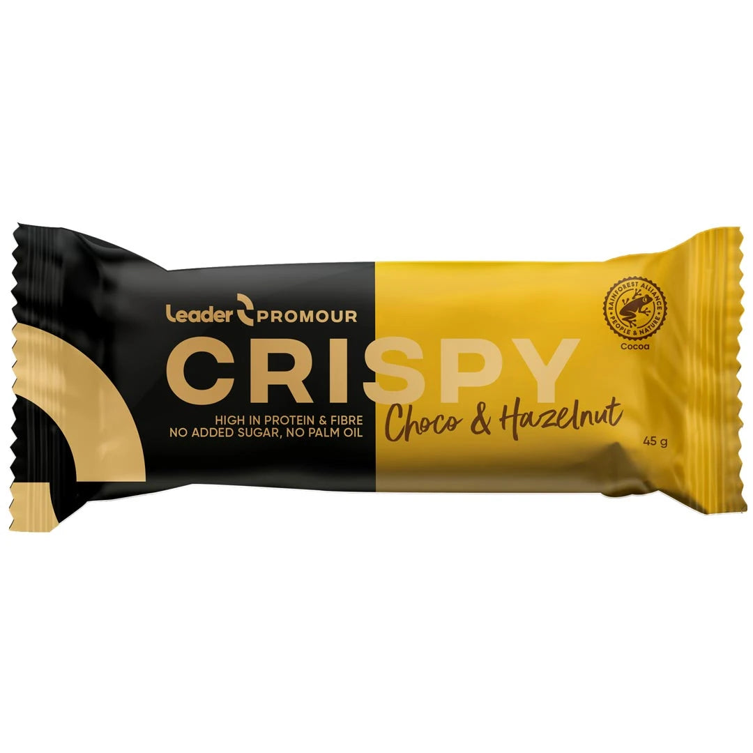 Leader Promour Crispy 45 g -proteiinipatukka musta-kultaisessa pakkauksessa, makuna Choco &amp; Hazelnut., kuva 1/2