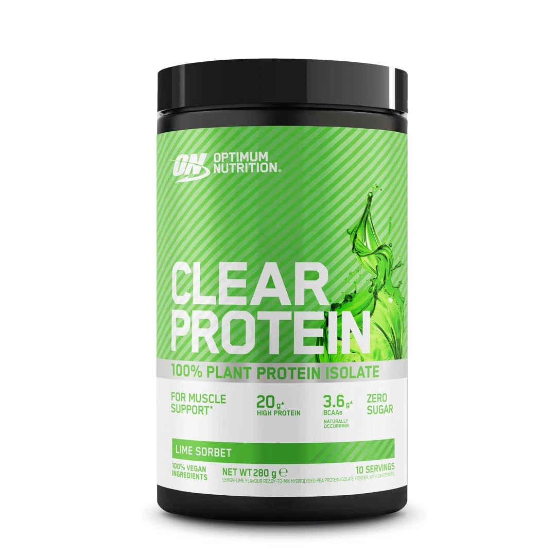 Optimum Nutrition Clear Protein 100% Plant Protein Isolate 280 g mustassa purkissa vihreällä etiketillä, makuna Lime Sorbet., kuva 1/2