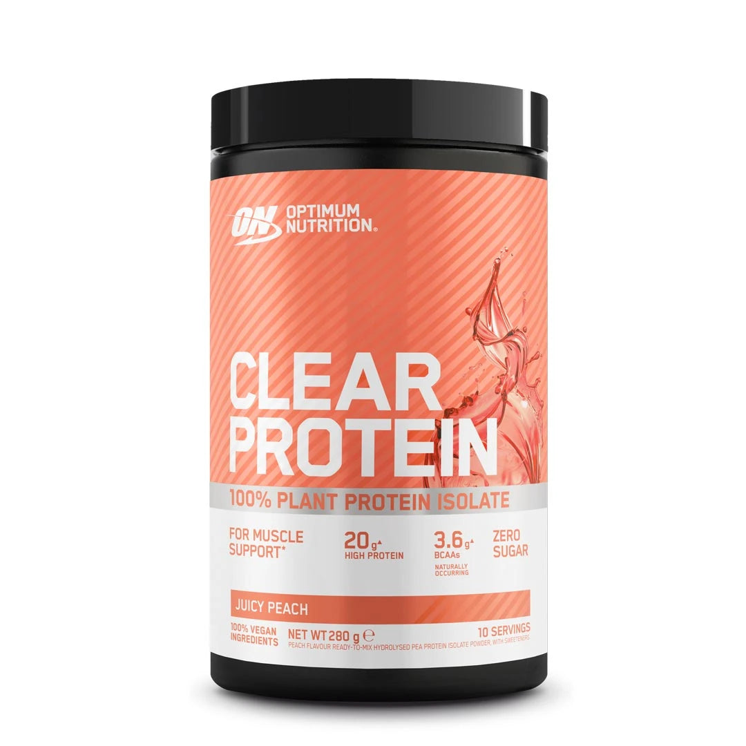 Optimum Nutrition Clear Protein 100% Plant Protein Isolate 280 g mustassa purkissa oranssilla etiketillä, Juicy Peach., kuva 2/2