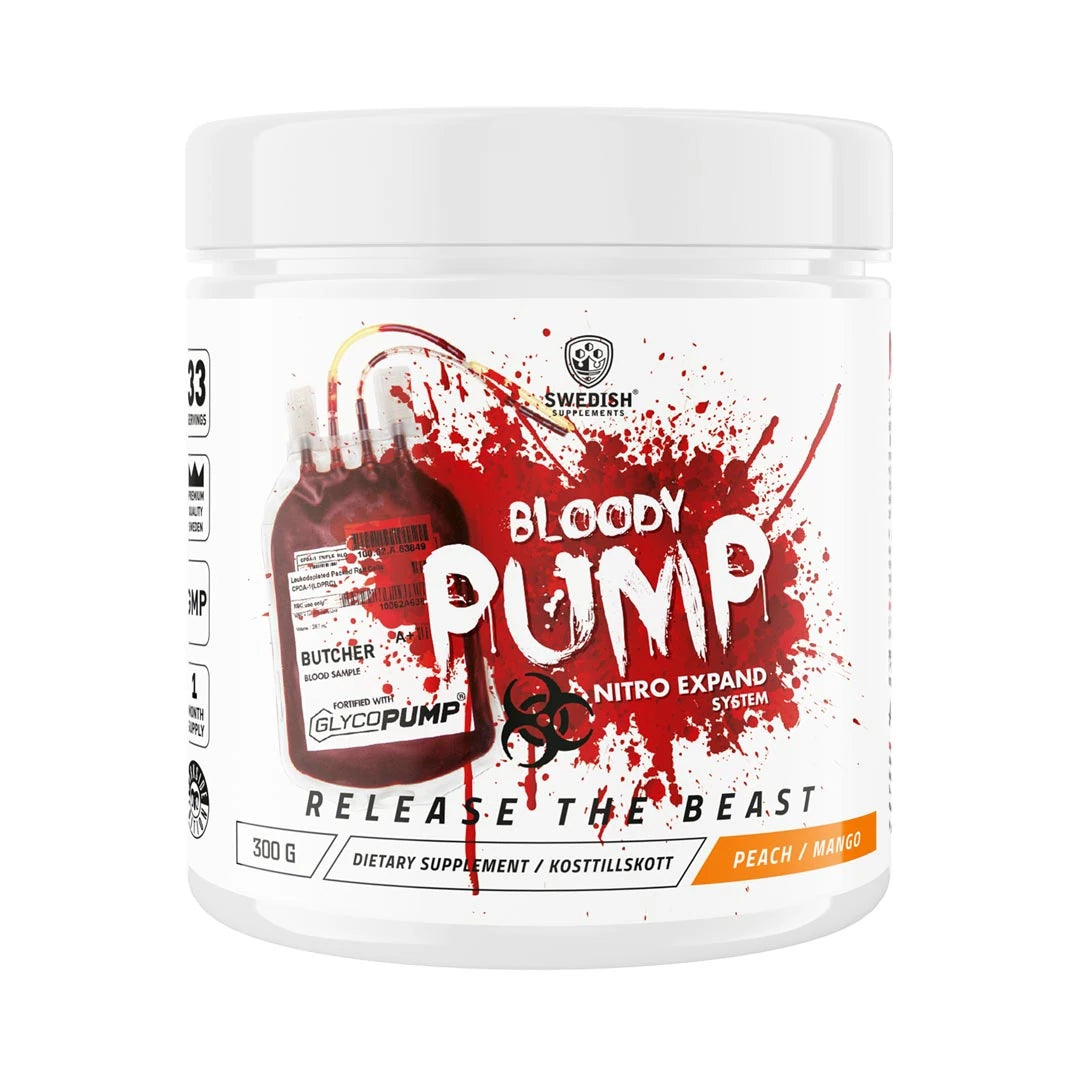 Swedish Supplements Bloody Pump 300 g -pre-workout-jauhe valkoisessa purkissa punaisella grafiikalla, makuna Peach Mango., kuva 1/1