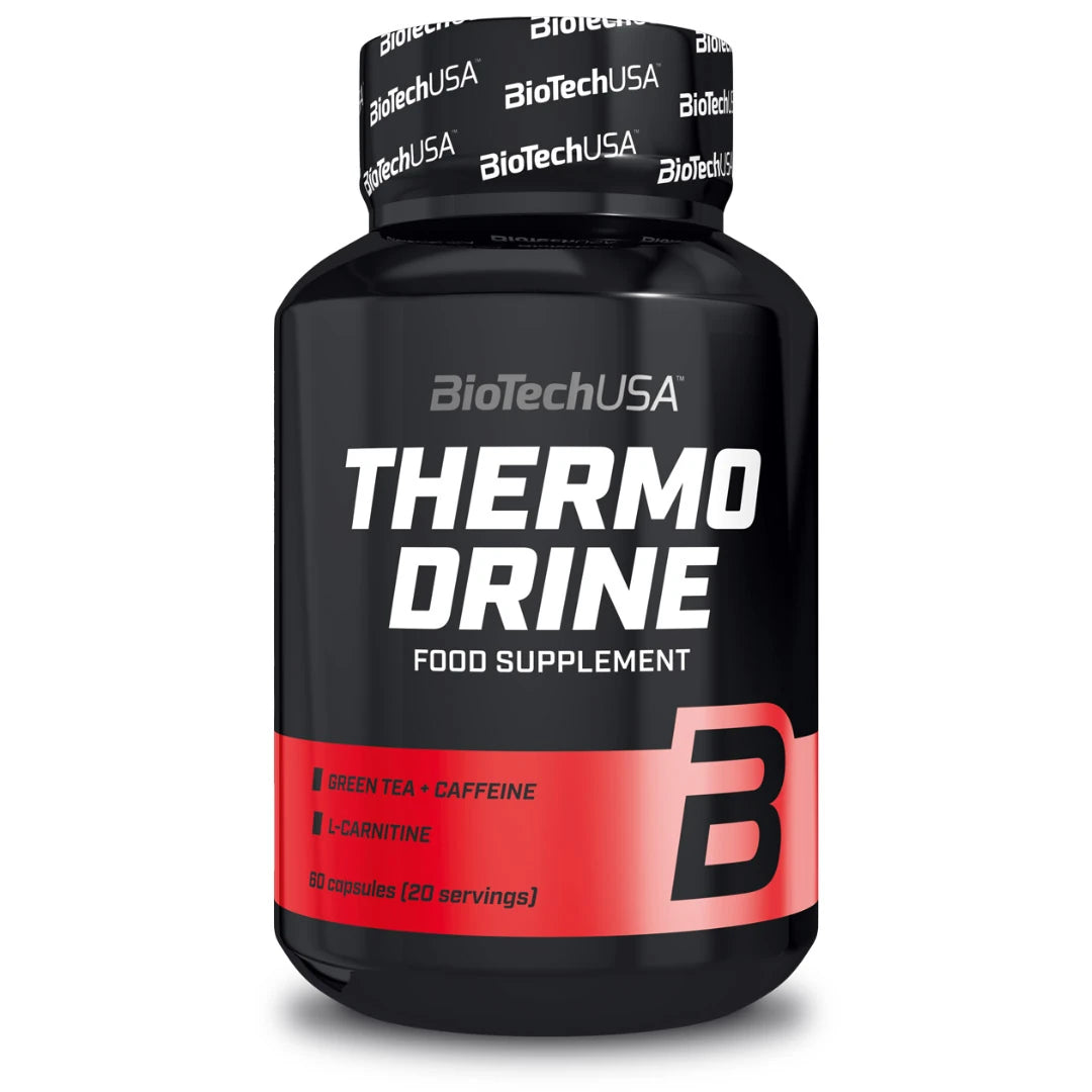 BioTechUSA Thermo Drine 60 caps -rasvanpolttaja, musta purkki valkoisella tekstillä ja punaisilla yksityiskohdilla., kuva 1/1
