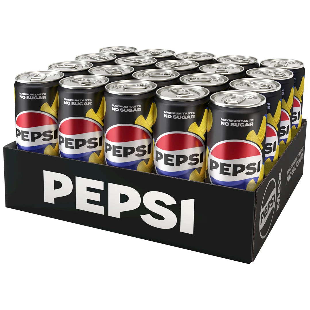 20 x Pepsi MAX 330 ml Lemon mustalla pahvilavalla, joka on täynnä mustia tölkkejä kultaisilla sitruunayksityiskohdilla., kuva 1/1