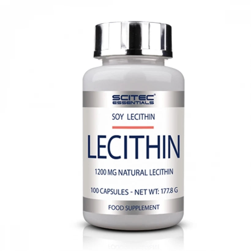 Valkoinen purkki, jossa on hopeanvärinen kansi ja Scitec Nutrition Lecithin 100 caps selkeällä sinisellä tekstillä., kuva 1/1