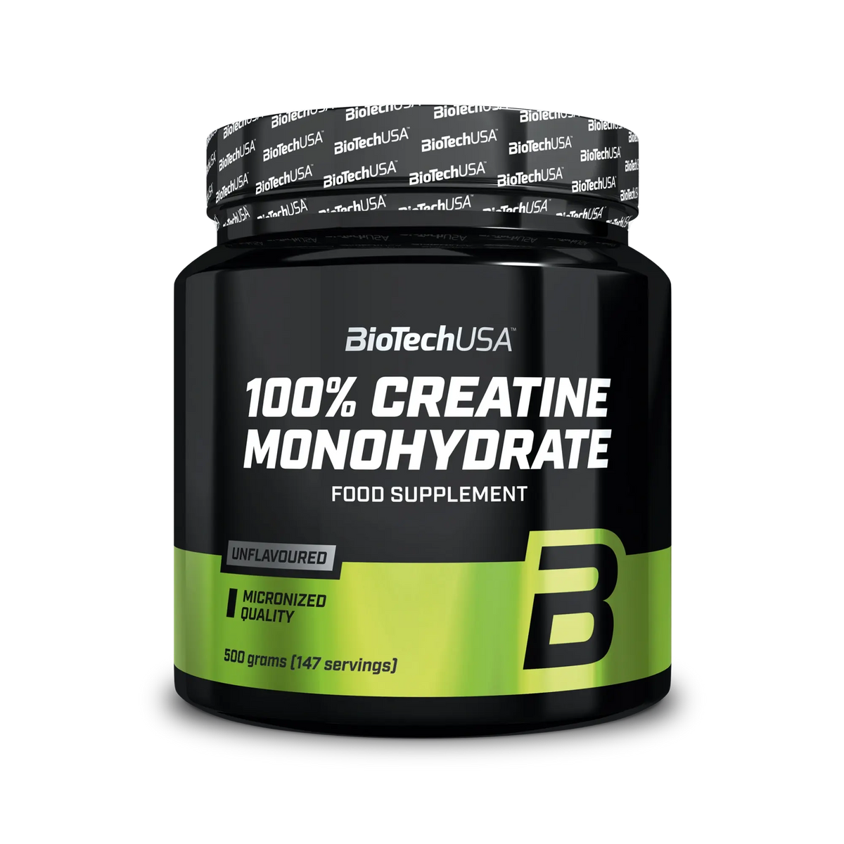 BioTechUSA 100% Creatine Monohydrate 500 g -kreatiinijauhe mustassa purkissa vihreillä yksityiskohdilla, makuna maustamaton.
