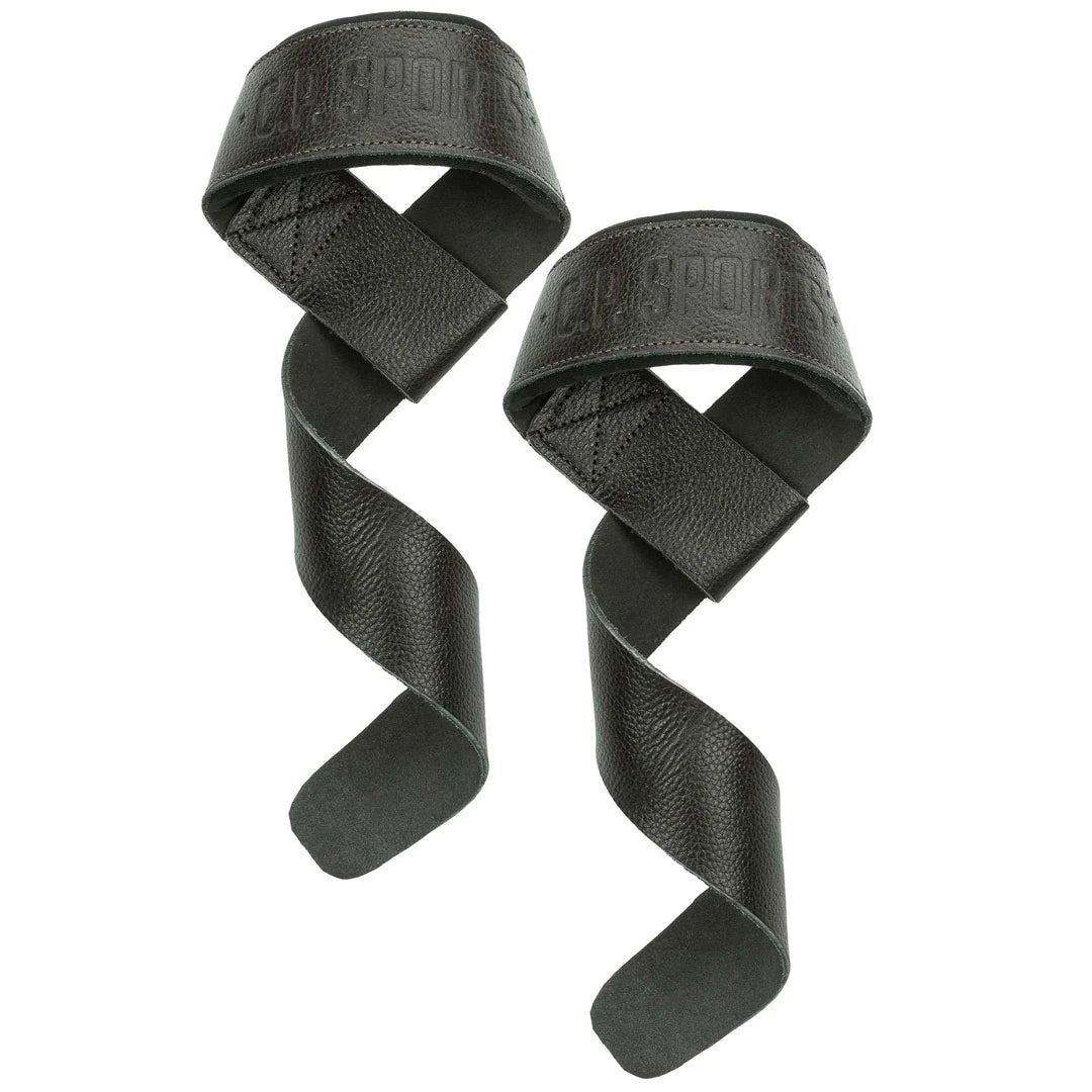 Pari ruskeita C.P. Sports Padded Leather Lifting Straps Brown -vetoremmejä, joissa on pehmuste ja kohokuvioitu logo., kuva 3/3
