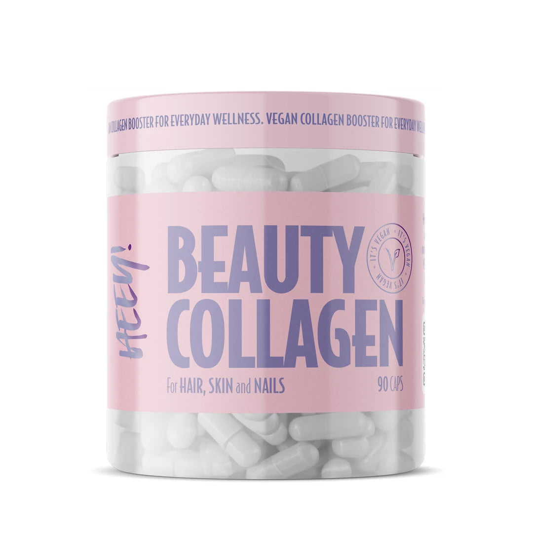 Heey! Beauty Collagen + Hyaluronsyra 90 caps läpinäkyvässä purkissa, jossa on vaaleanpunainen etiketti., kuva 1/1