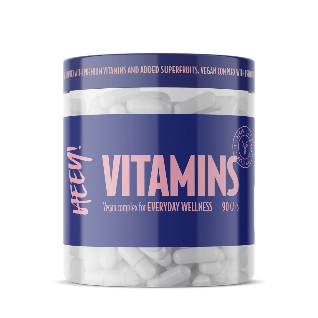 Heey! Multivitamin + Superfruits 90 caps i en transparent burk med blå etikett och vita kapslar., bild 1 av 1