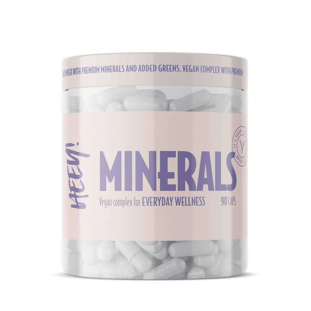 Heey! Multimineral + Greens 90 caps läpinäkyvässä purkissa vaaleanpunaisella etiketillä ja valkoisilla vegaanikapseleilla., kuva 1/1