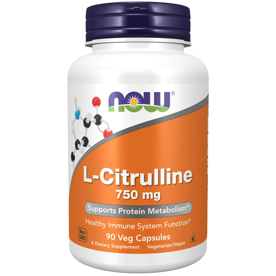 NOW L-Citrulline 750 mg 90 caps -ravintolisä valkoisessa purkissa, jossa on tummansininen kansi ja oranssi etiketti., kuva 1/1