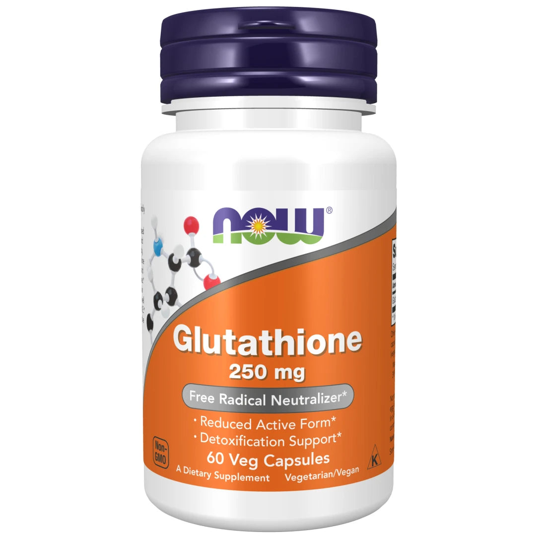 NOW Glutathione 250 mg 60 caps valkoisessa purkissa, jossa on violetti kansi ja oranssi etiketti., kuva 1/1