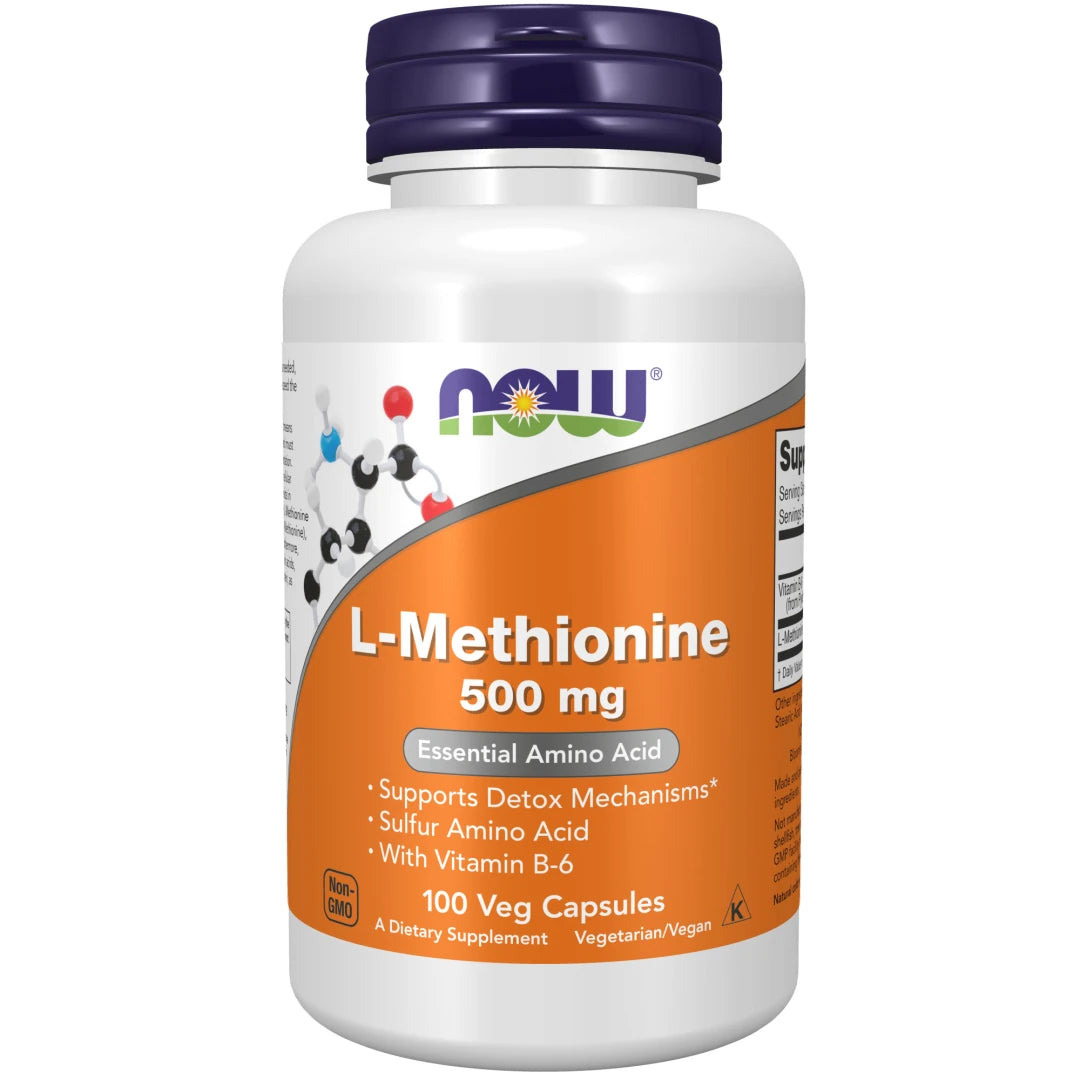 NOW L-Methionine 500 mg 100 caps -vegaaniravintolisä valkoisessa purkissa tummansinisellä kannella ja oranssilla etiketillä., kuva 1/1