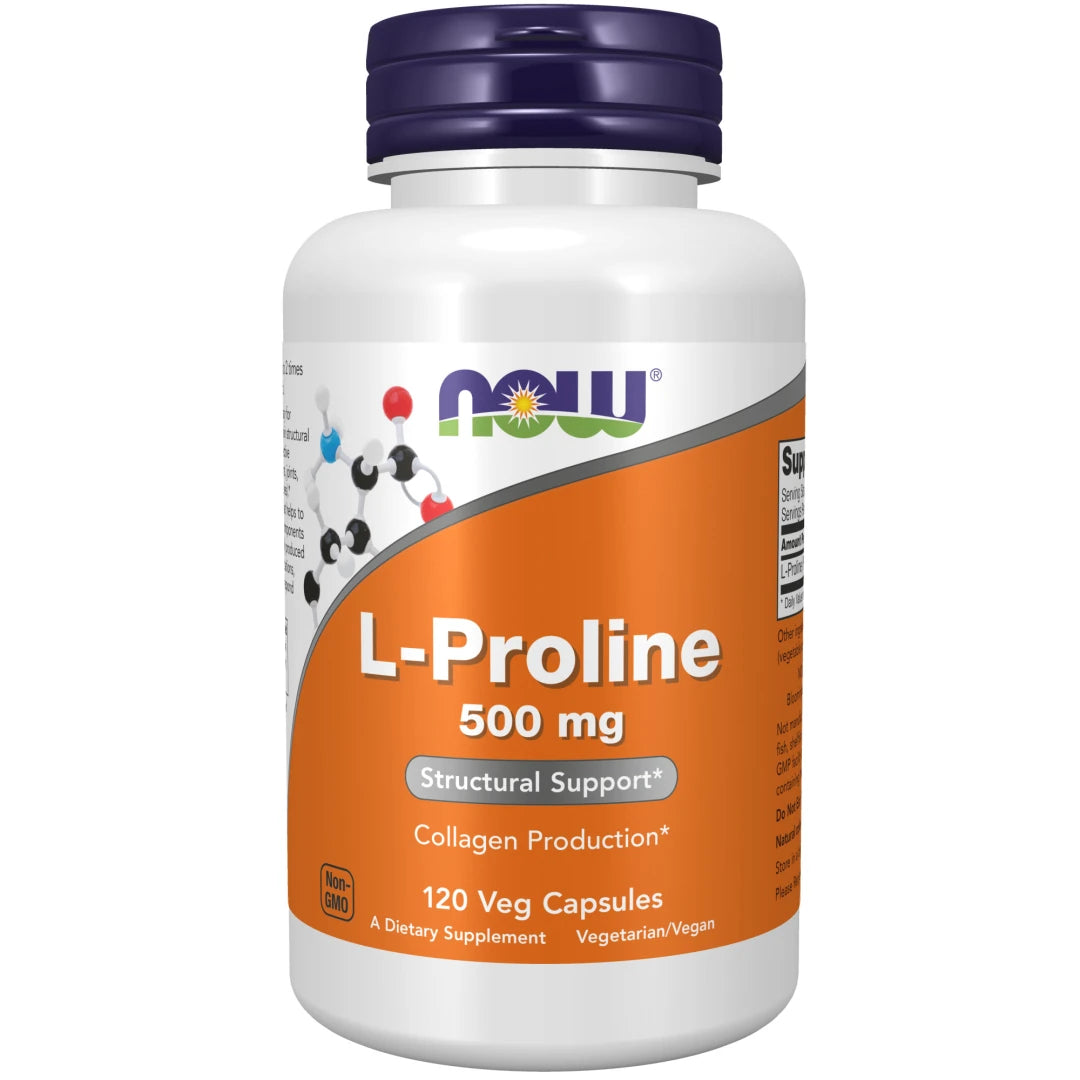 NOW L-Proline 500 mg 120 caps -ravintolisä valkoisessa purkissa, jossa on oranssi etiketti ja violetti korkki., kuva 1/1