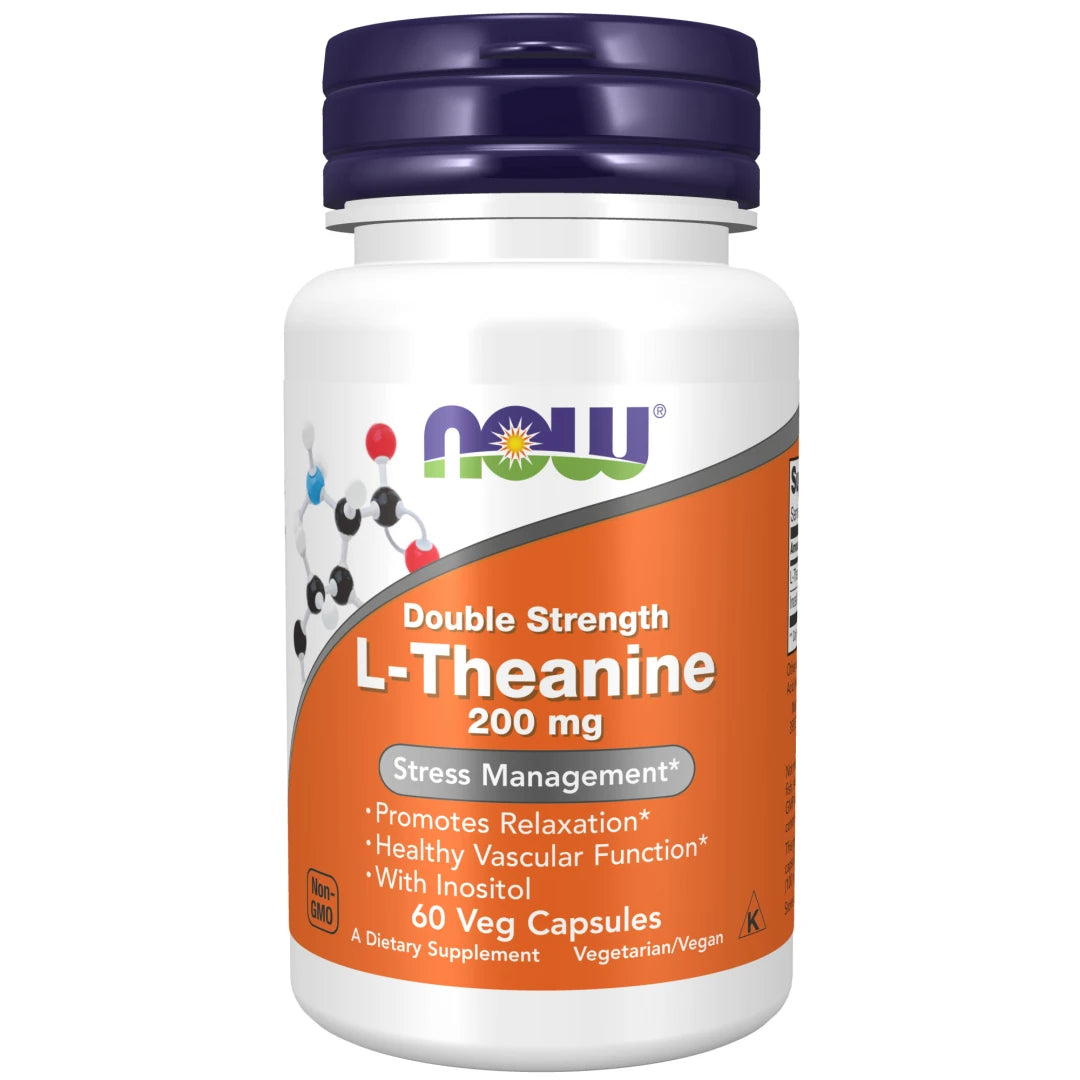 NOW L-Theanine 200 mg 60 caps valkoisessa purkissa, jossa on liila kansi ja oranssi etiketti., kuva 1/1