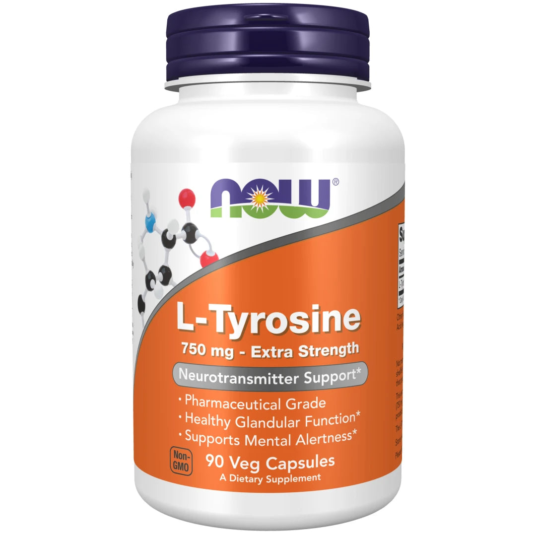 NOW L-Tyrosine 750 mg 90 caps förpackad i en vit burk med orange etikett och mörkblått lock., bild 1 av 1