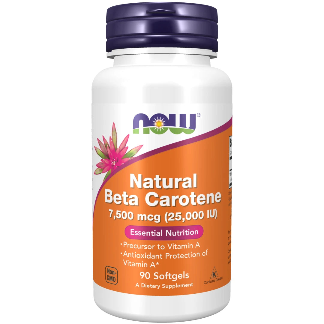NOW Natural Beta Carotene 7500 mcg 90 caps -ravintolisä valkoisessa purkissa oranssilla etiketillä ja violetilla kannella., kuva 1/1
