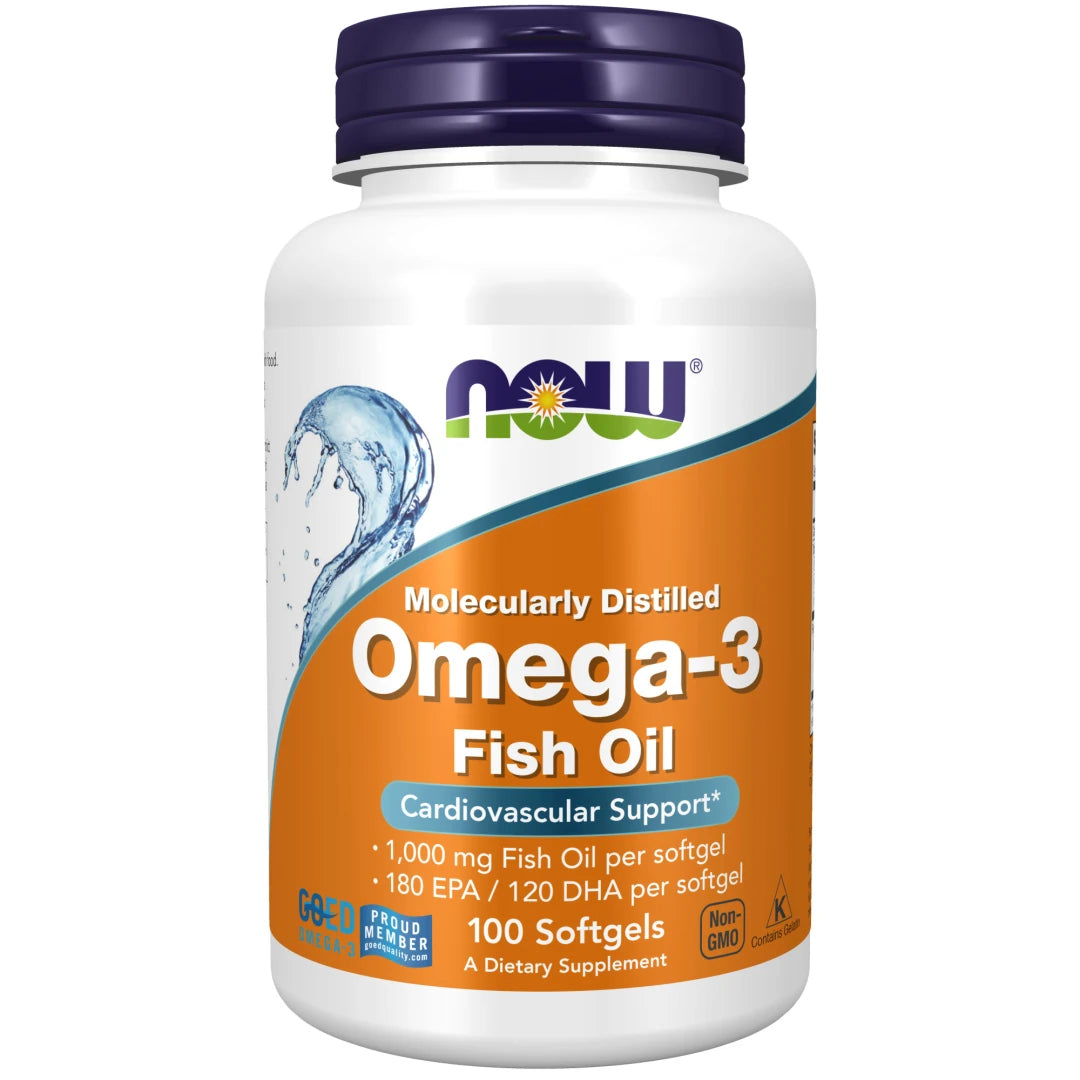 NOW Omega-3 100 caps i en vit plastburk med mörkblått lock och en distinkt orange etikett., bild 1 av 1