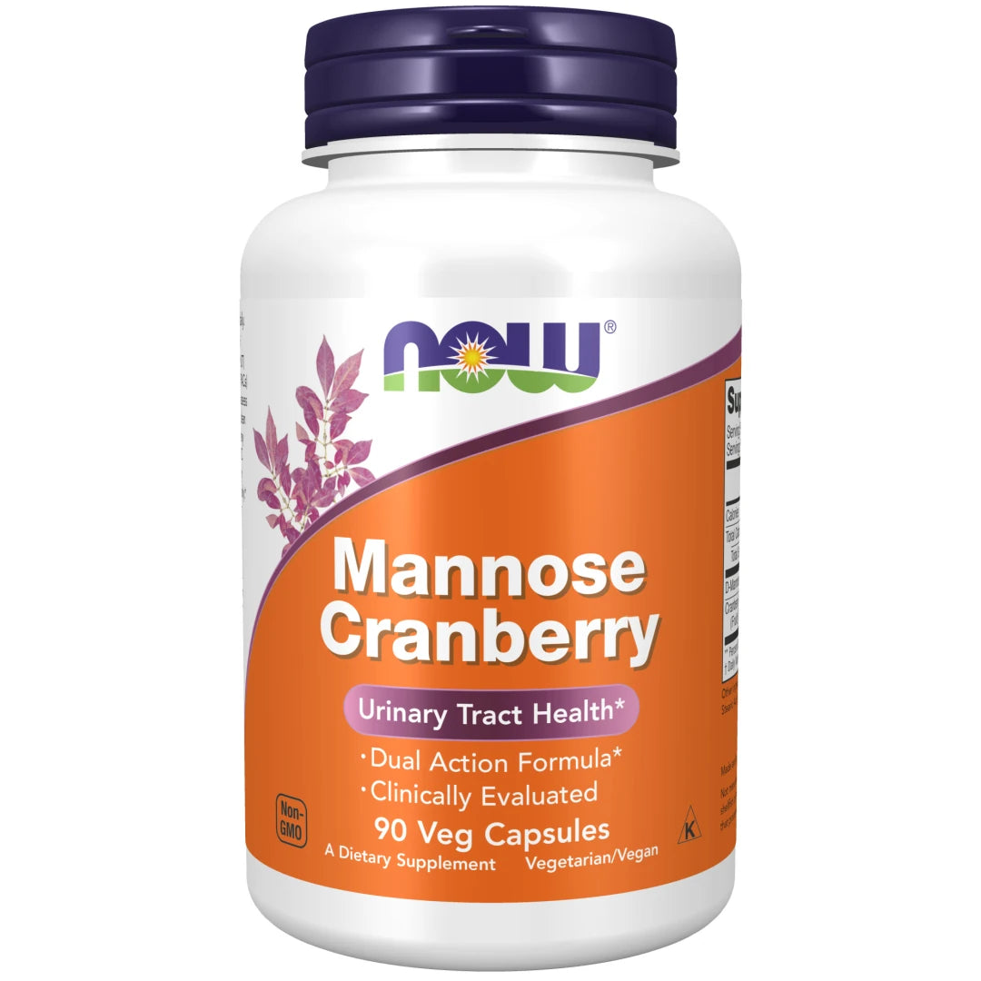 NOW Mannose Cranberry 90 caps -ravintolisä valkoisessa purkissa, jossa on oranssi etiketti ja tummanliila kansi., kuva 1/1