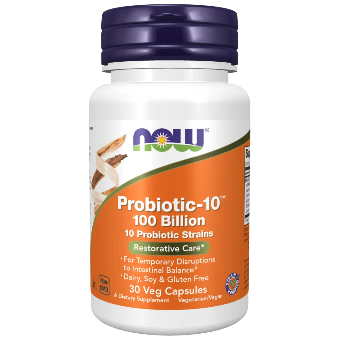 NOW Probiotic-10 100 billion 30 caps valkoisessa muovipurkissa, jossa on tummansininen kansi ja oranssi etiketti., kuva 1/1