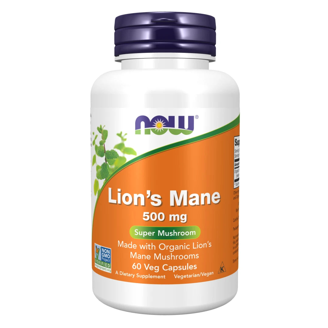 NOW Lions Mane 500 mg 60 caps valkoisessa purkissa, jossa on oranssi etiketti ja tummanvioletti kansi., kuva 1/1