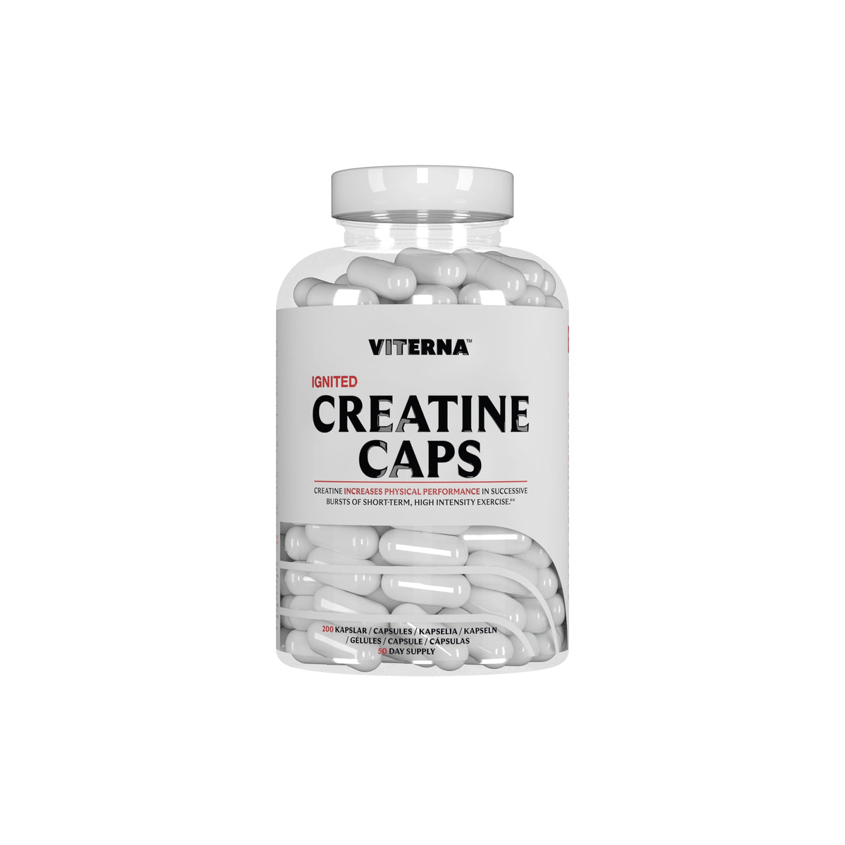 Viterna Ignited Creatine 180 caps läpinäkyvässä purkissa, jossa on valkoisia kapseleita ja punavalkoinen etiketti., kuva 1/1