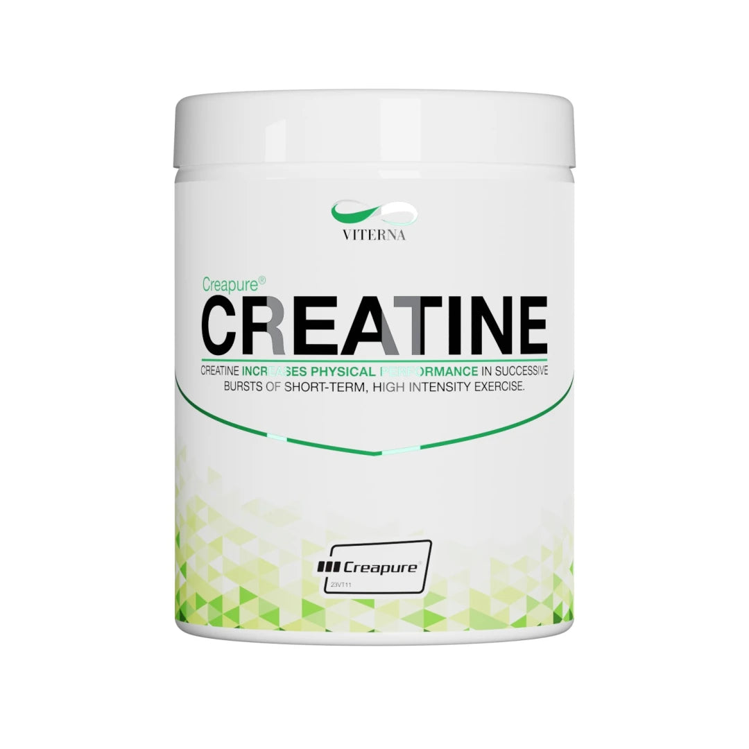 Viterna Creapure 300 g -kreatiinijauhe valkoisessa purkissa vihreillä geometrisillä yksityiskohdilla., kuva 1/1