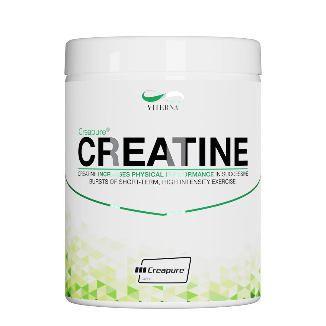 Viterna Creapure 500 g -kreatiinijauhe valkoisessa purkissa, jossa on vihreä geometrinen kuvio., kuva 1/1