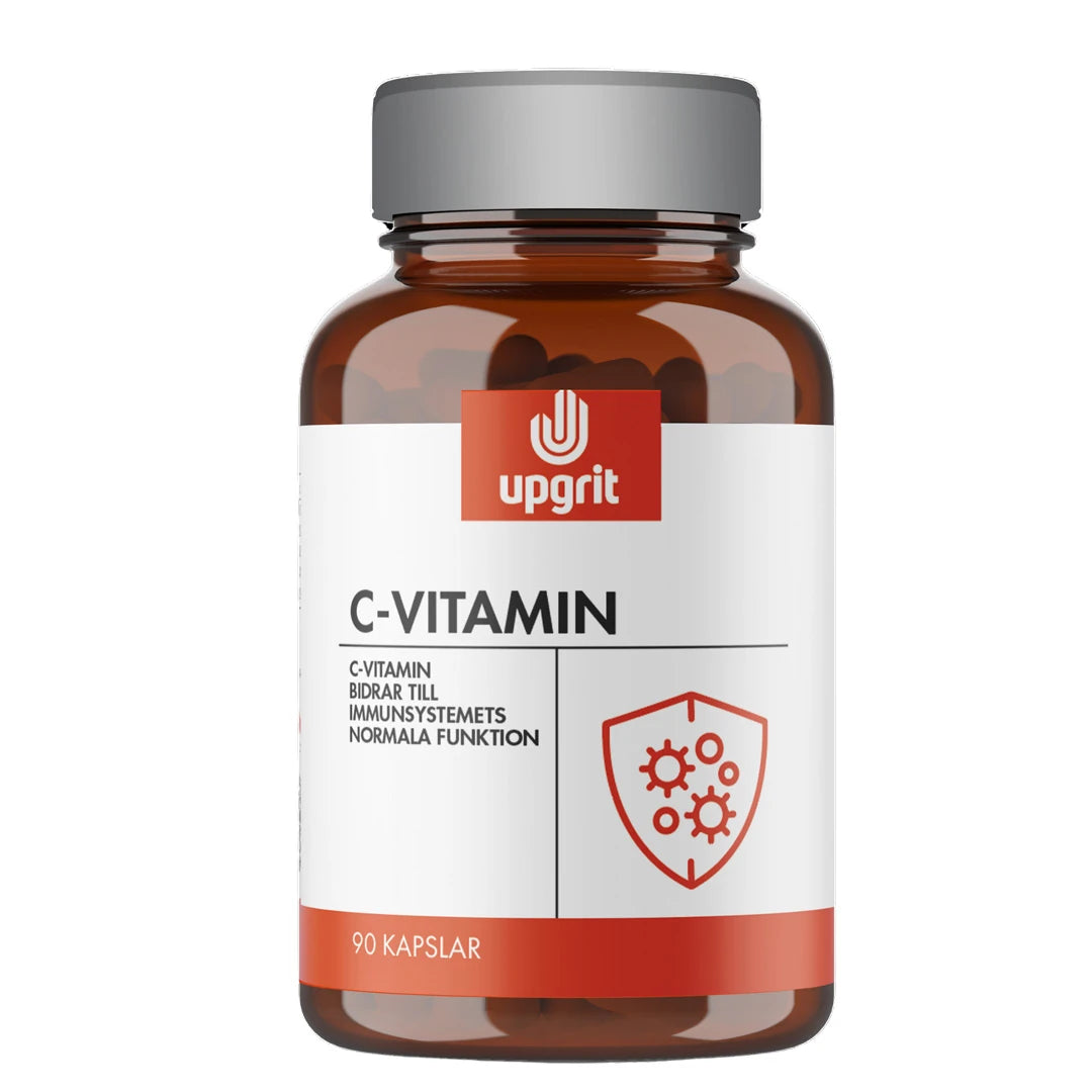 Upgrit C-vitamin 90 caps ruskeassa purkissa, jossa valkoinen etiketti, hopeakansi ja punainen kilpi., kuva 1/1