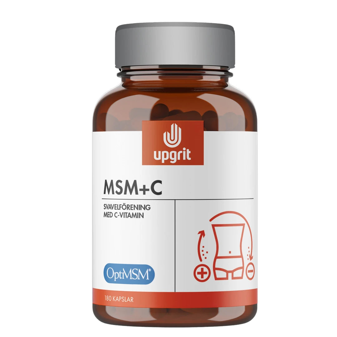 Upgrit MSM + C 180 caps pakattuna ruskeaan muovipurkkiin, jossa on valkoinen etiketti ja harmaa kansi., kuva 1/1