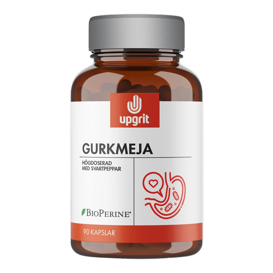 Upgrit Gurkmeja 90 caps -ravintolisä ruskeassa purkissa, jossa on hopeinen kansi ja valko-oranssi etiketti., kuva 1/1
