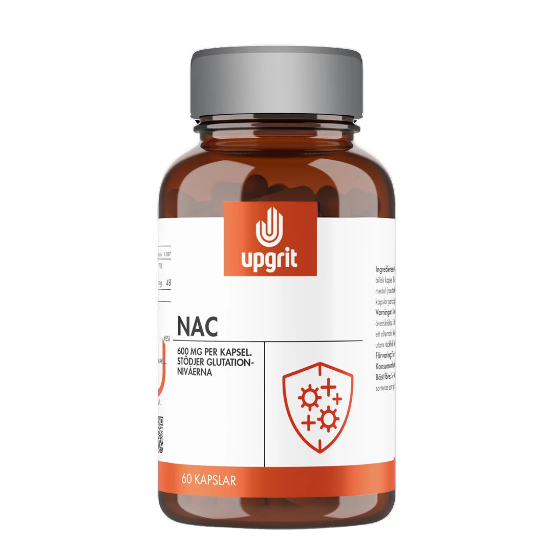 Upgrit NAC 60 caps -ravintolisä tummanruskeassa purkissa, harmaalla kannella ja valko-oranssilla etiketillä., kuva 1/1
