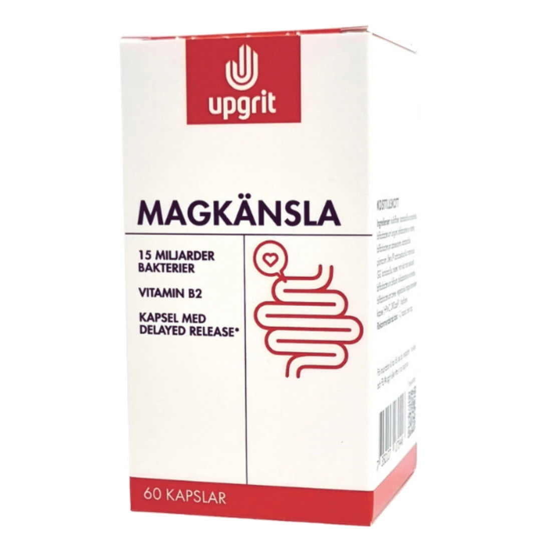 Upgrit Magkänsla Mjölksyrabakterier 60 caps valkoisessa kartonkipakkauksessa, jossa on punainen logo ja vatsakuvitus., kuva 1/1
