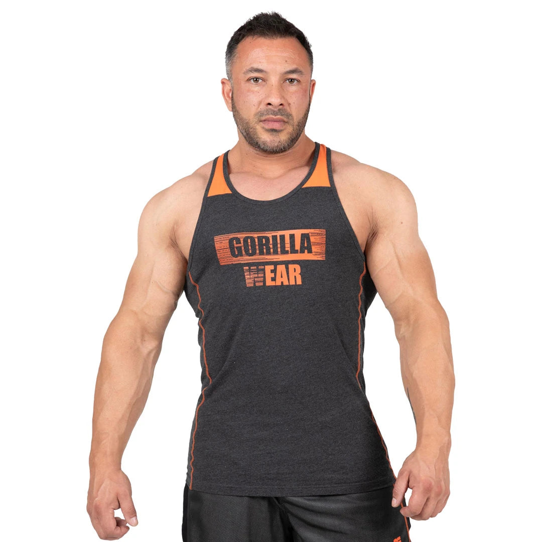 Gorilla Wear Wallace Tank Top Grey Orange, tummanharmaa puuvillainen treenihihaton oranssilla rintalogolla., kuva 1/8