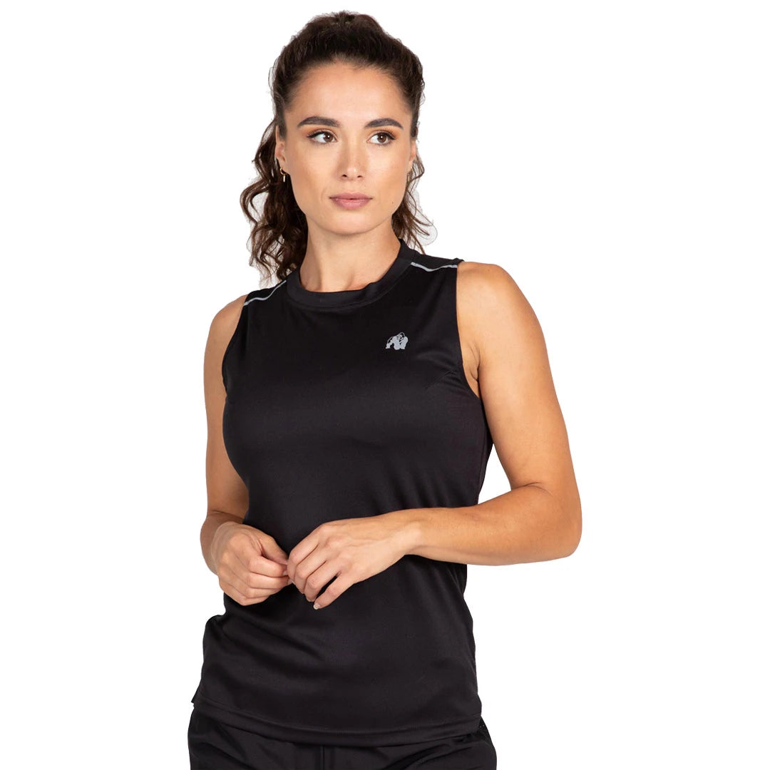 Gorilla Wear Mokena Tank Top Black, ett svart träningslinne för dam med reflekterande detaljer., bild 3 av 6