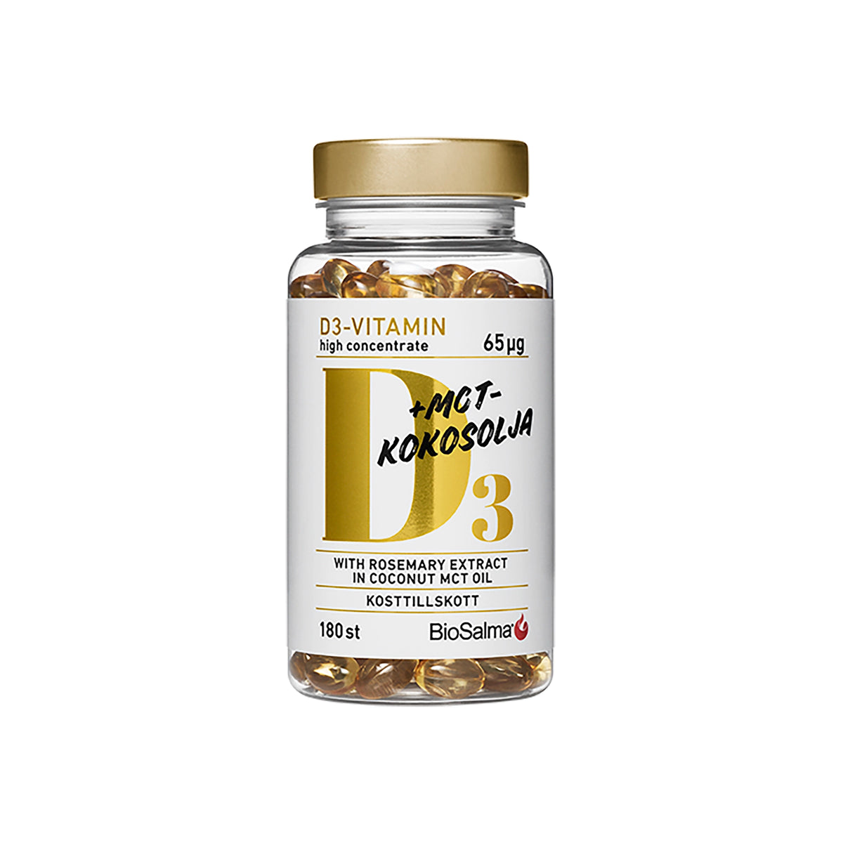 BioSalma D3 Vitamin 65 µg+ MCT 180 caps kultakantisessa läpinäkyvässä purkissa, joka on täynnä keltaisia kapseleita.